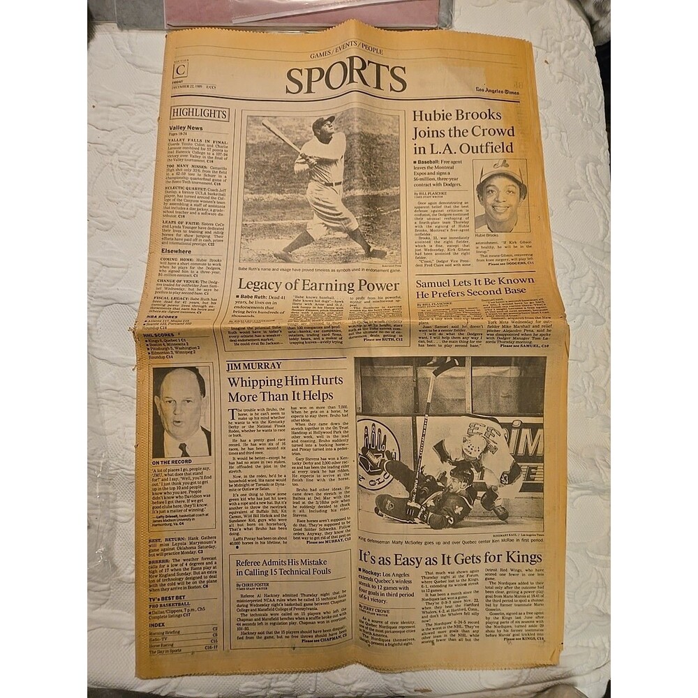 Los Angeles Times Sports Section December 22 1989 Babe Ruth Hubie Brooks etc...